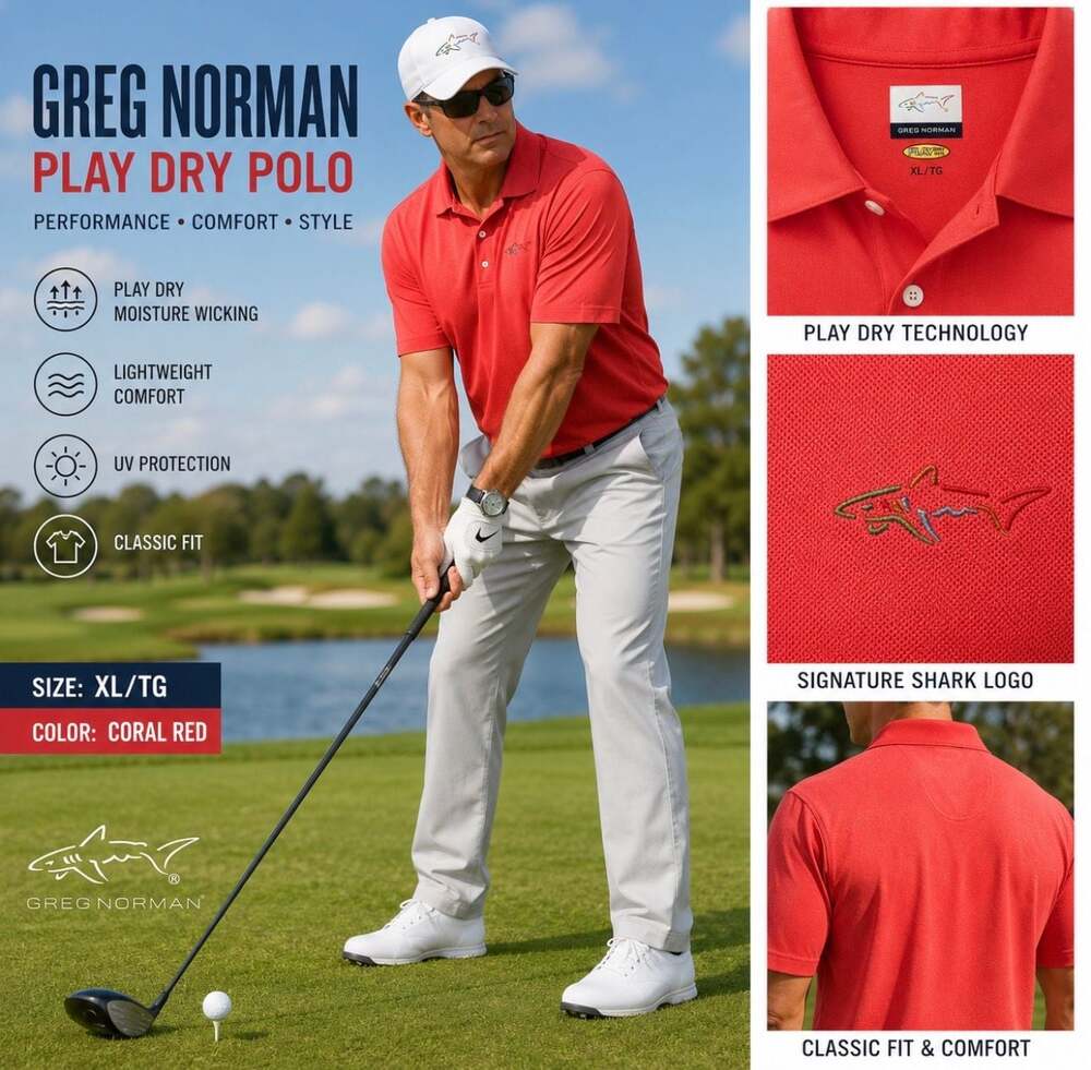 Greg Norman Play Dry Men's XL Solid Coral Performance Polo Shirt